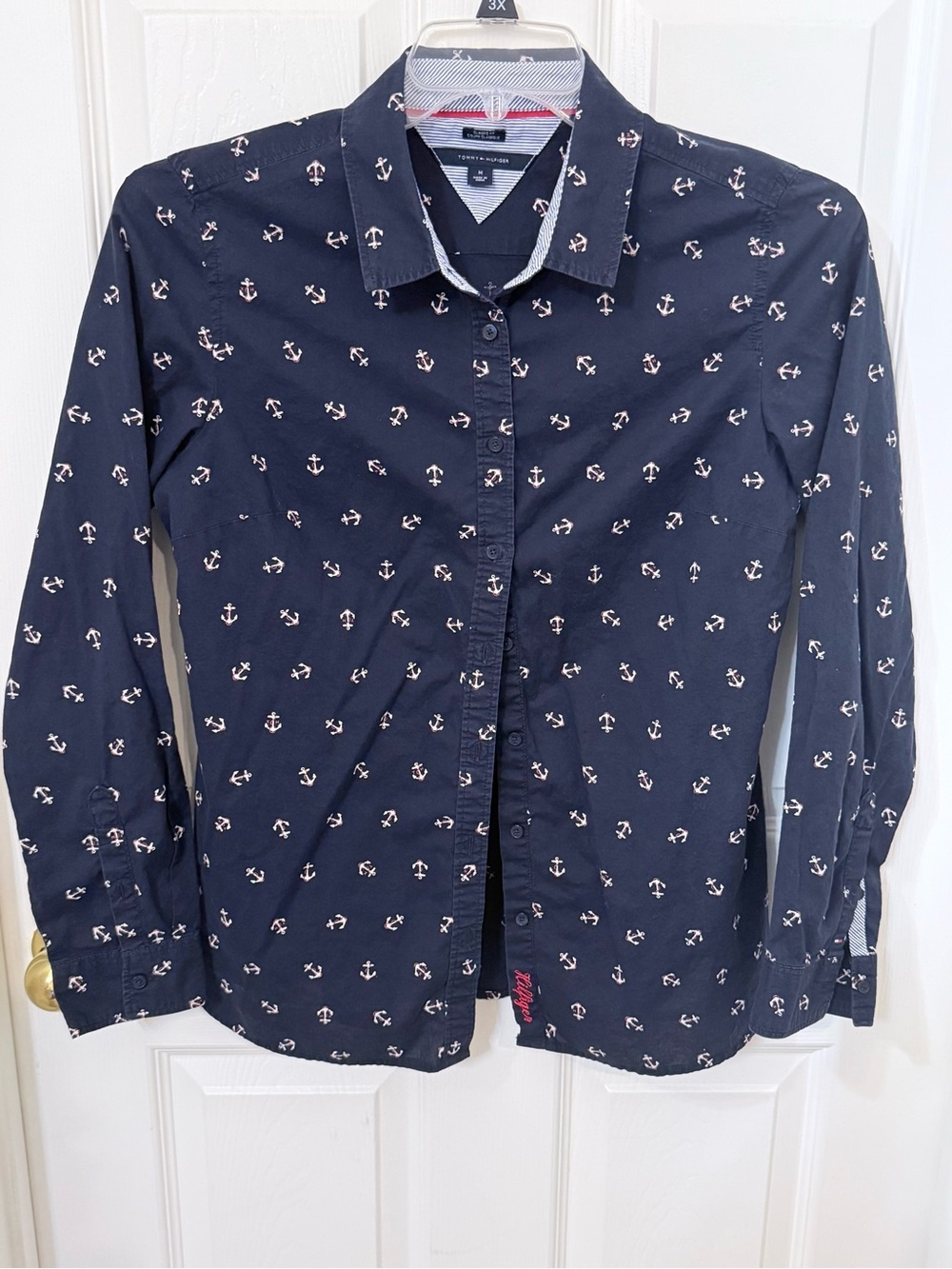 Tommy Hilfiger Navy Blue Anchor Print Button-Up Blouse